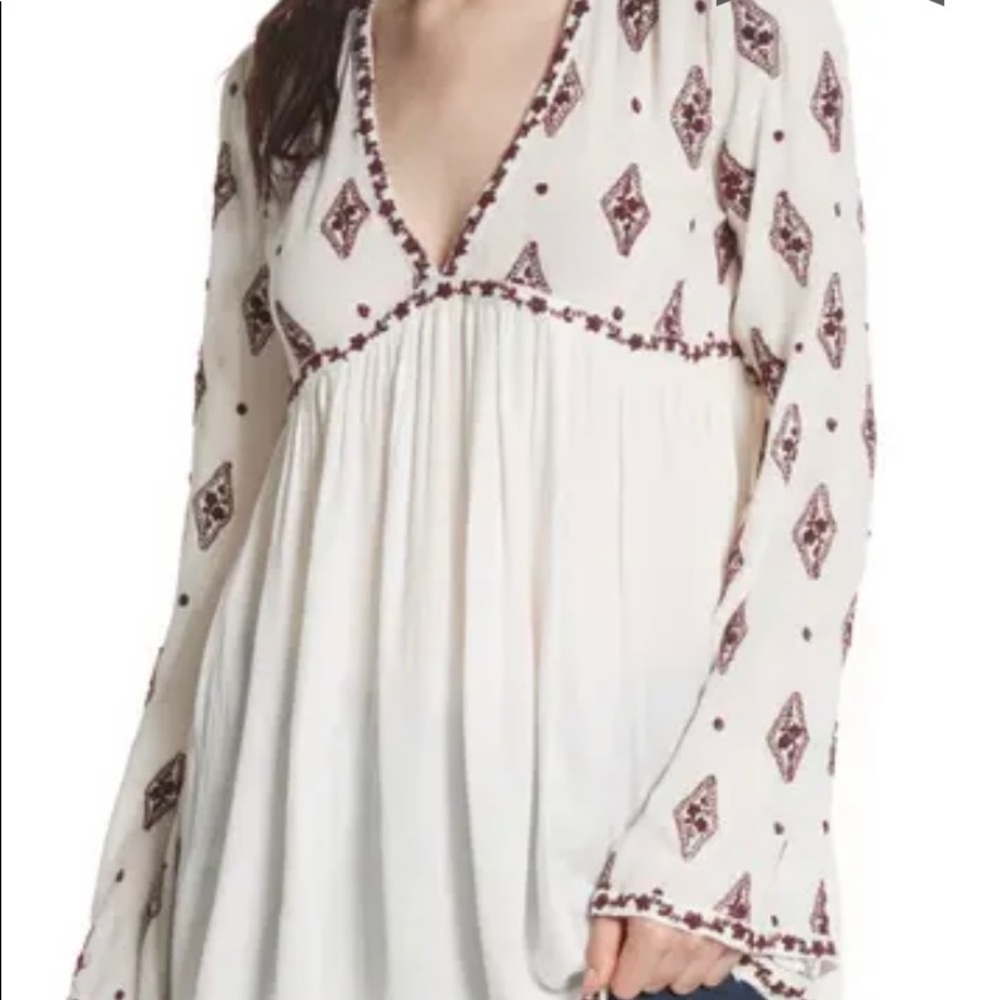 Free People Small Embroidered Bell Sleeve Top White and Burgundy